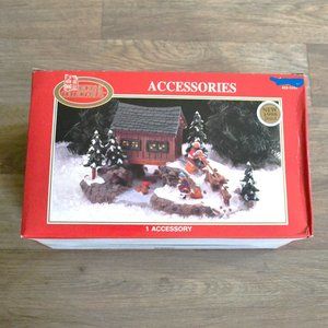 NIB New Dickens Collectables Cabin Sledding Kids Snow Vintage Christmas Village